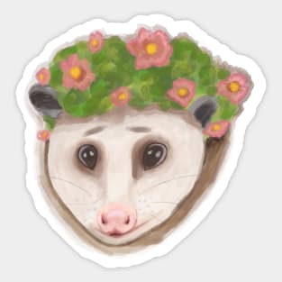 Cottage core opossum with flower crown Sticker